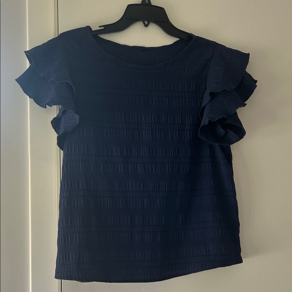 Navy Ruffle Sleeve Top